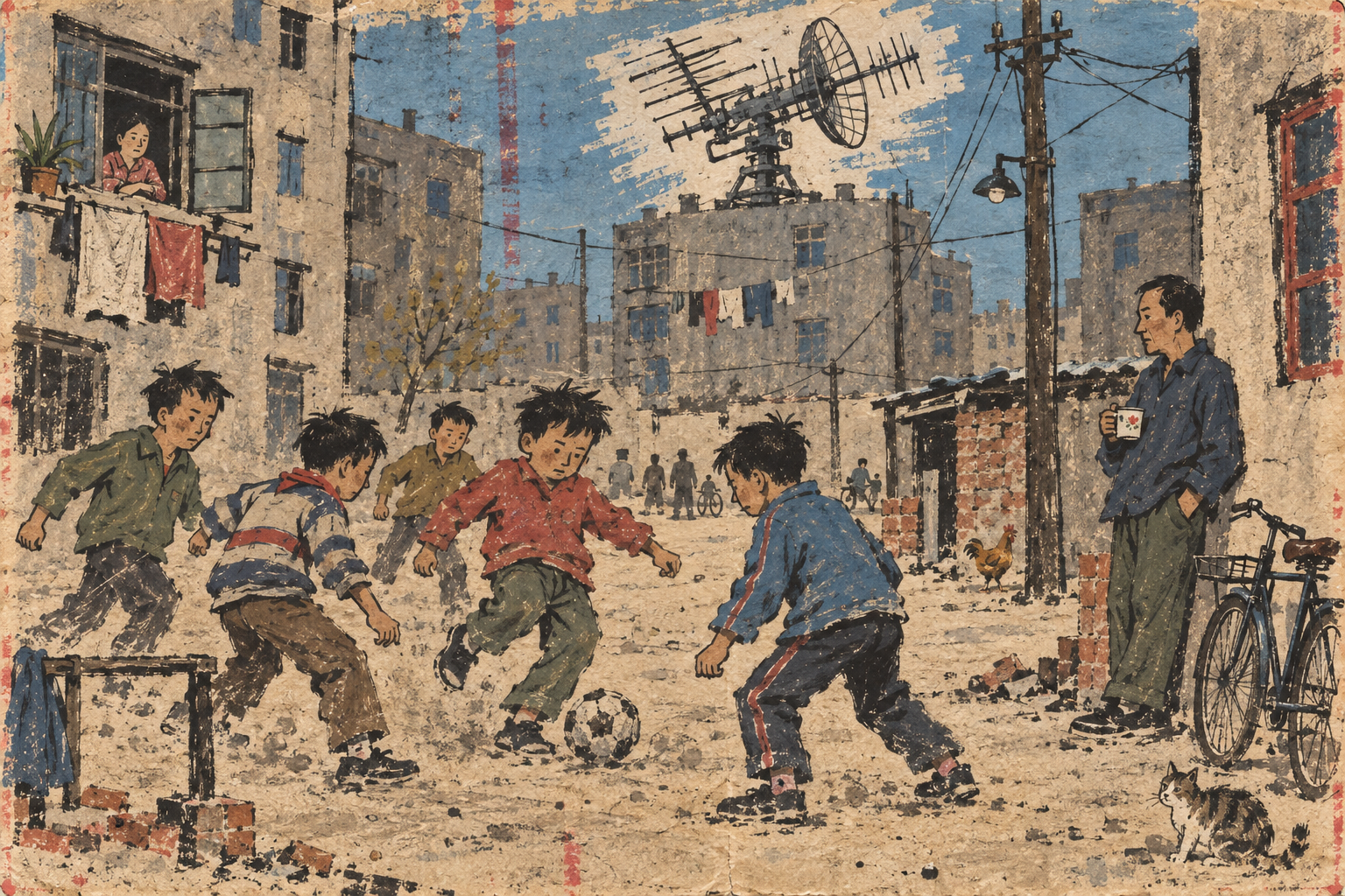 八十年代末，孩子们在普通居民区的空地上踢球