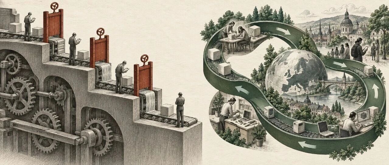 瀑布式关卡与持续反馈循环的概念插画