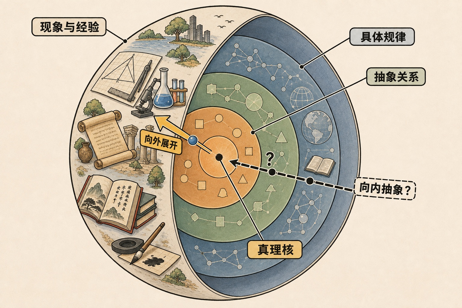 认知球体的剖面:不同层次围绕假设的真理核展开,虚线表示向内抽象的探索。