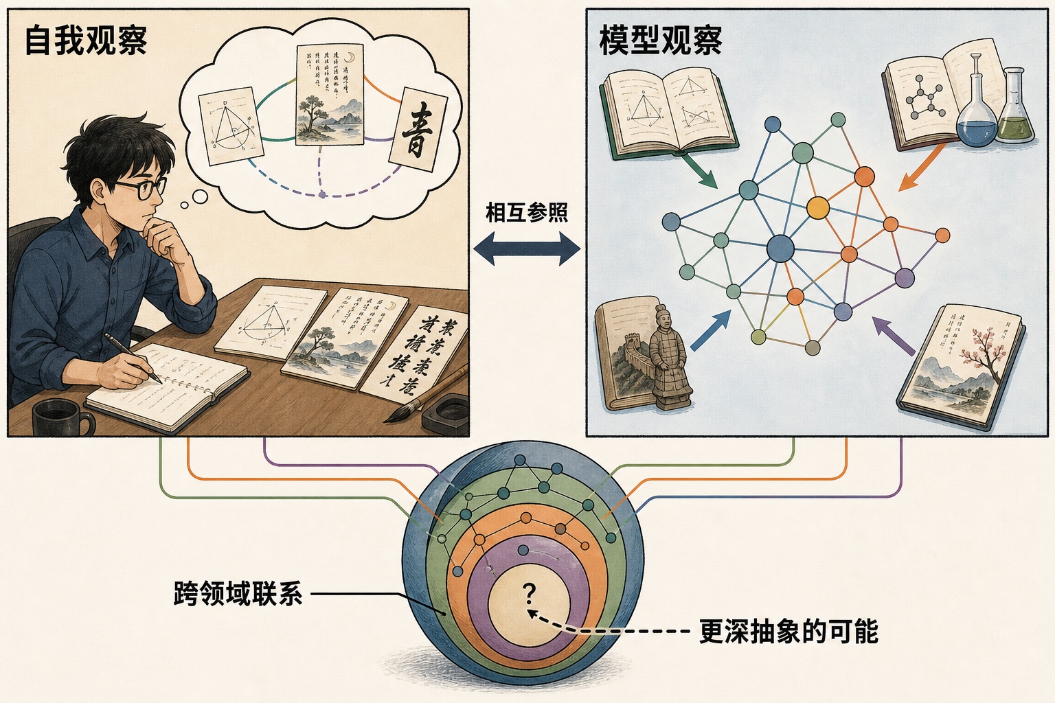 漫画图解:自我观察与模型观察相互参照,从不同领域的联系中探索更深抽象的可能。