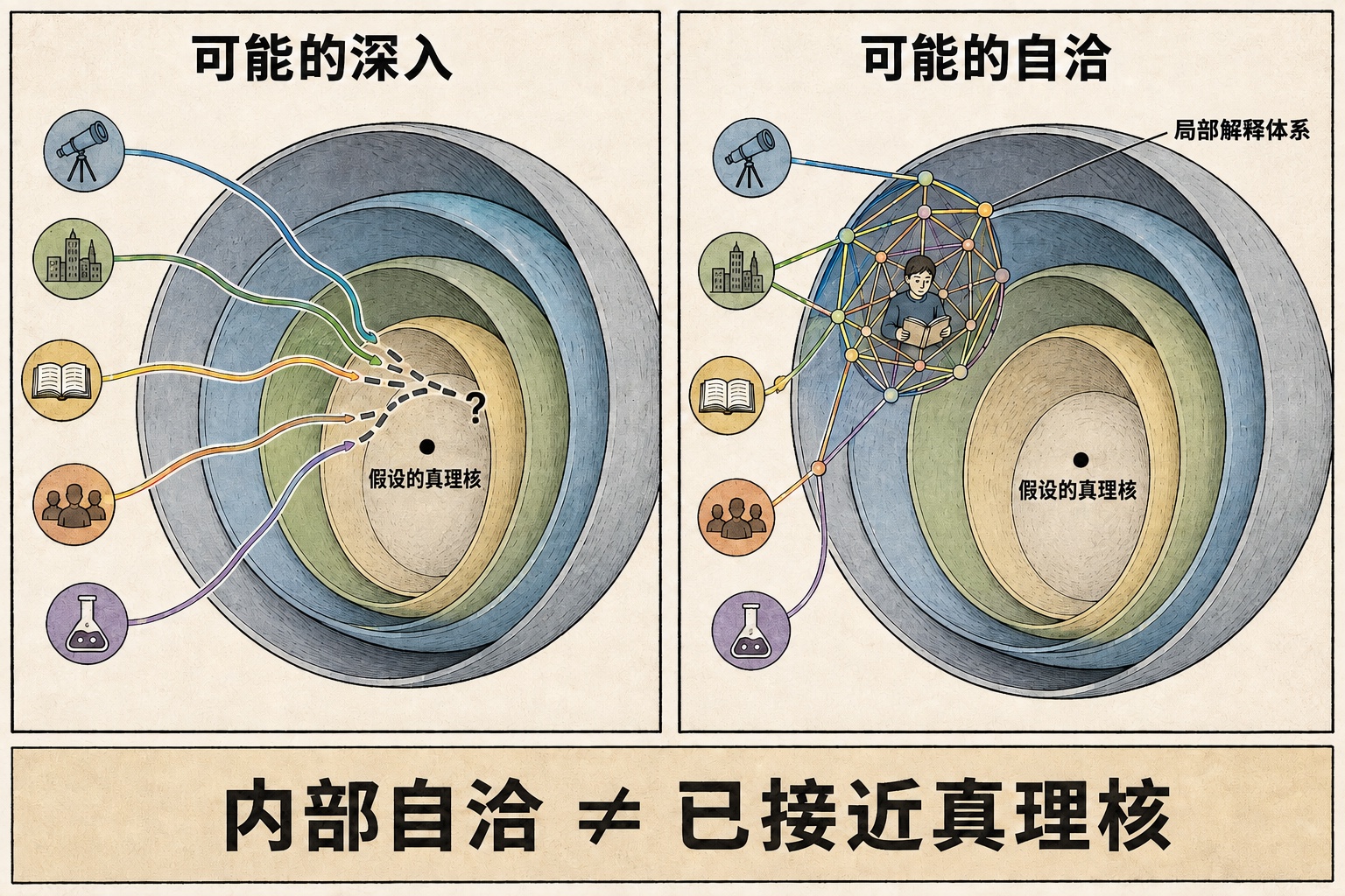 两种开放的可能:多领域路径向更深层探索,或在外层形成连贯的局部解释体系。